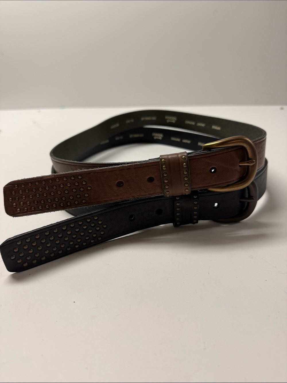 Two Fossil Men's belts Brown & Black Studded Leather